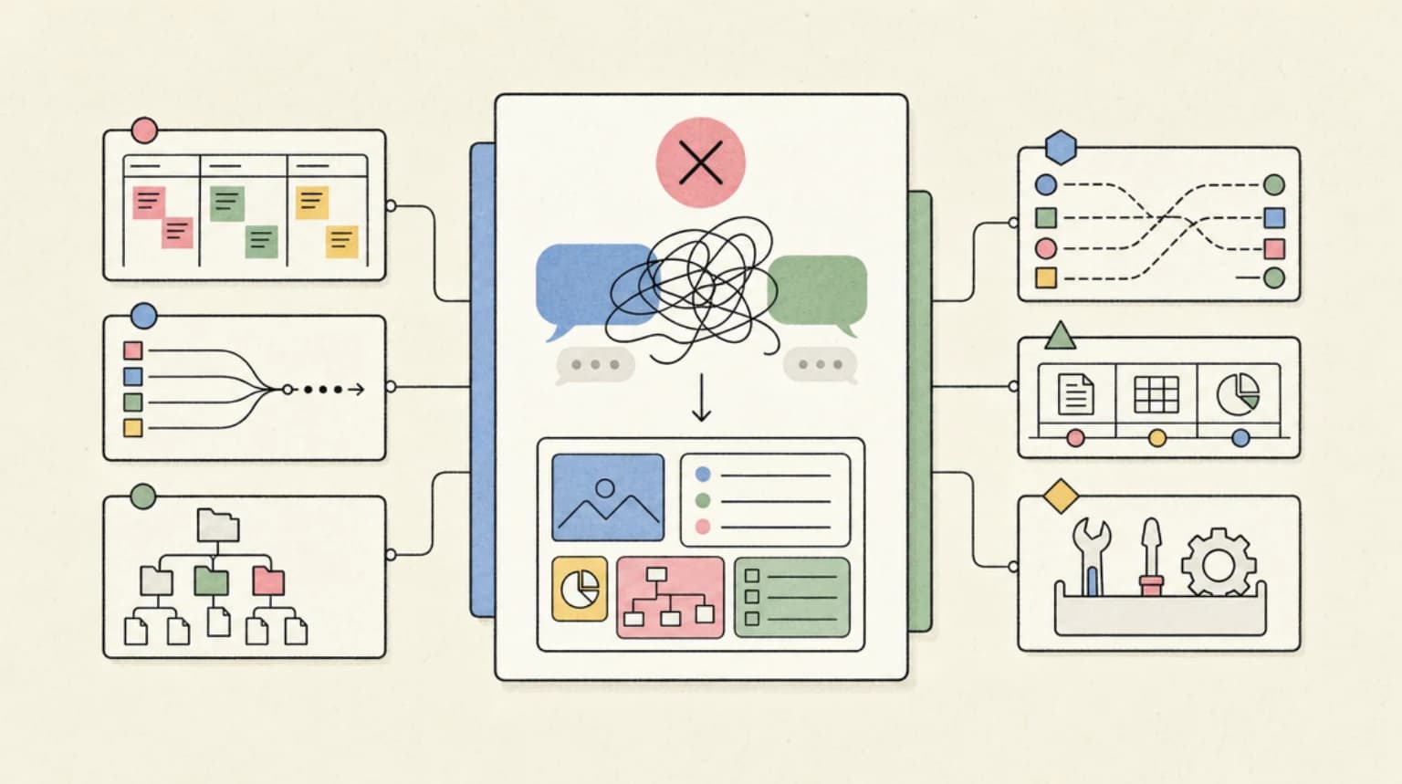 Abstract systems illustration for The Take: Chat Is the Wrong Final Artifact