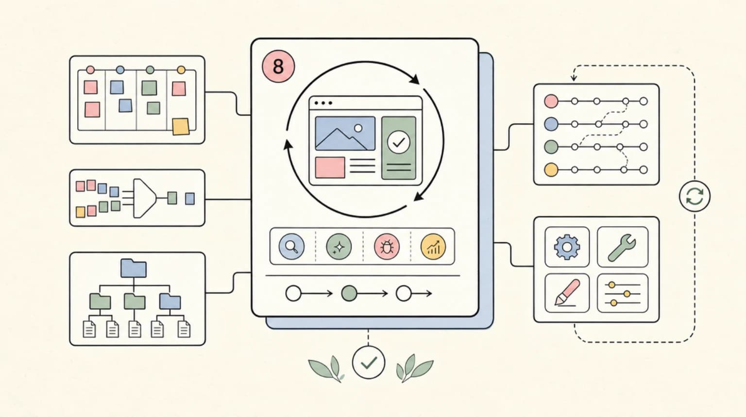 Abstract systems illustration for 8. Site QA and improvement loop