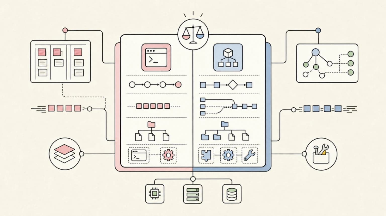 Abstract systems illustration for Head-to-Head: Claude Code vs Claude Agent SDK