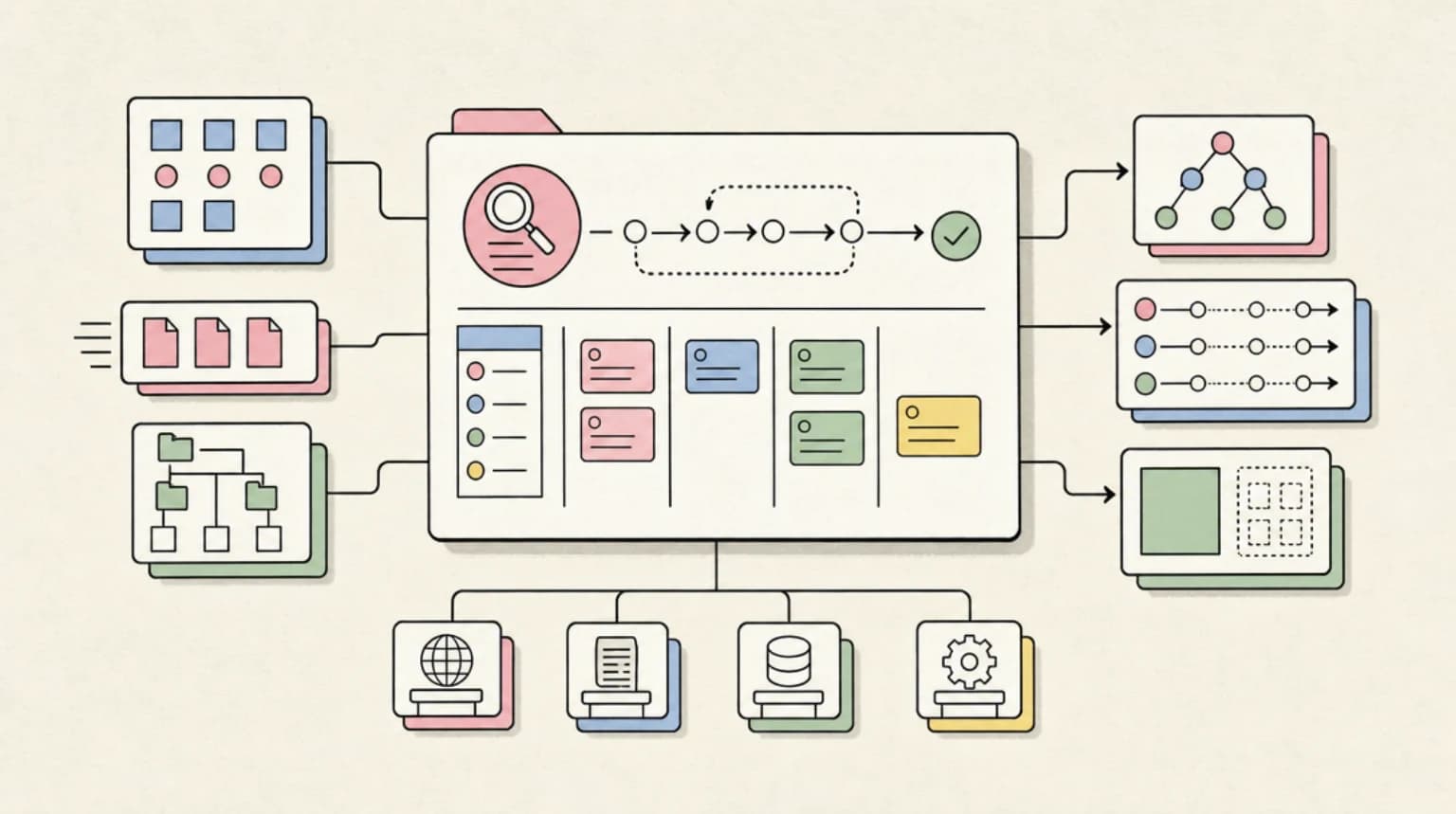 Abstract systems illustration for Worked Example: Run /deep-research First