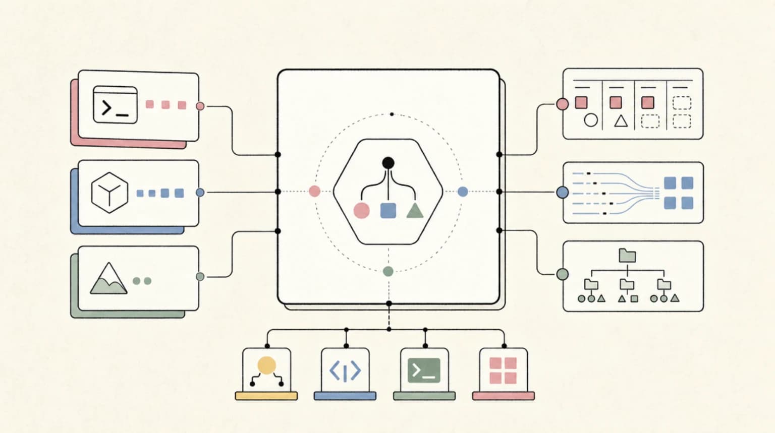 Abstract systems illustration for 4. AI SDK 7: HarnessAgent unifies Claude Code, Codex, and Pi