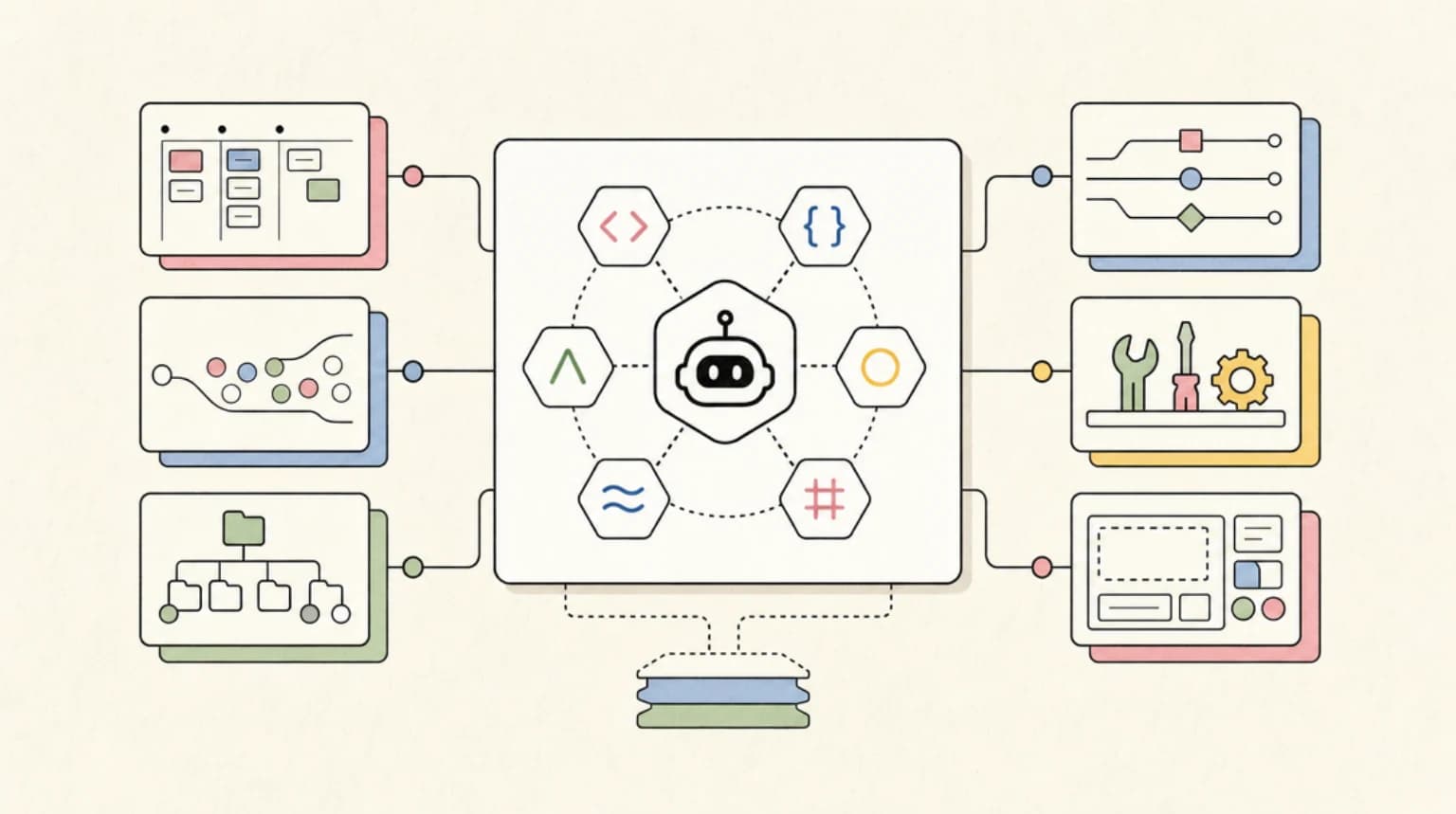 Abstract systems illustration for Six Languages, One Runtime