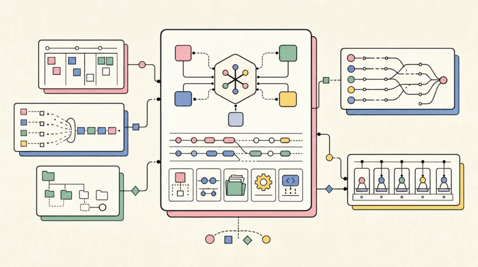 Abstract systems illustration for Ruflo agent harness layers