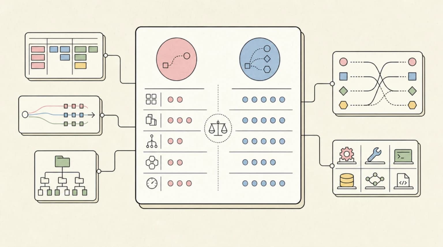 Abstract systems illustration for 5.5 vs 5.5 Pro: which tier for which workload