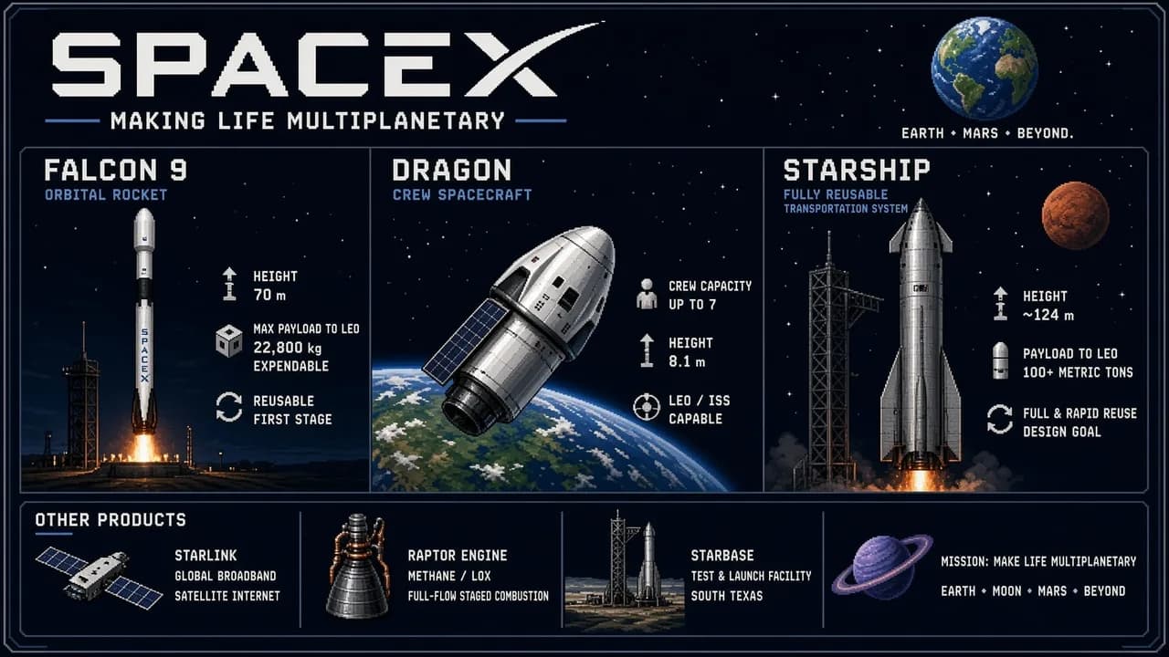 Pixel-art infographic of the Falcon 9, Dragon, and Starship generated by Grok Imagine Image 2.0, from the xAI announcement. Chart: xAI