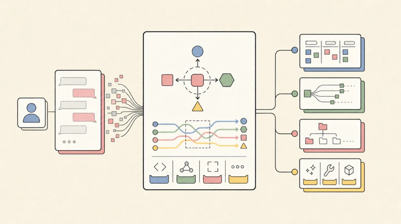 Abstract systems illustration for Why Chat Feels Wrong for Coding Agents