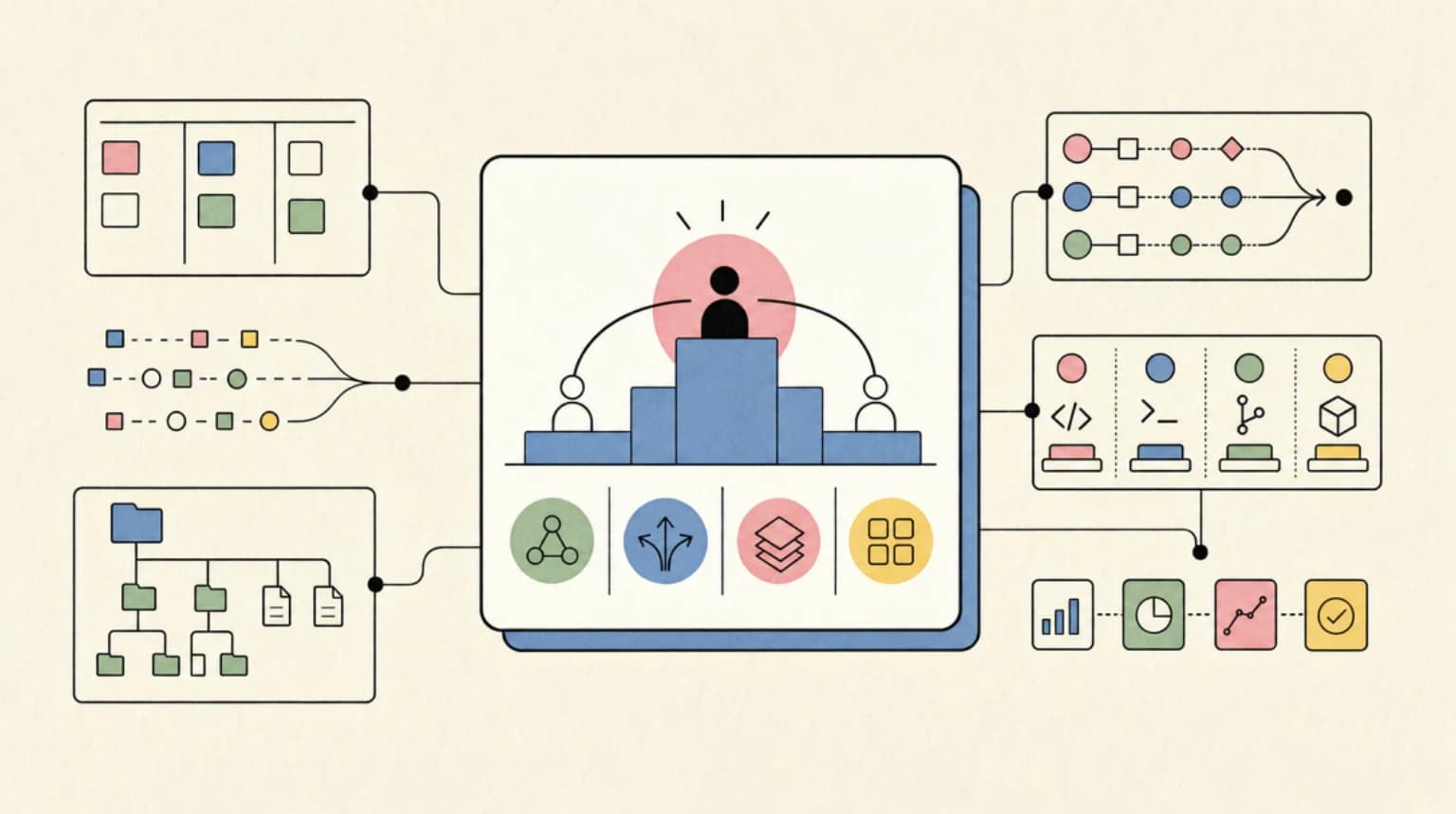 Abstract systems illustration for Where Claude Code pulls ahead