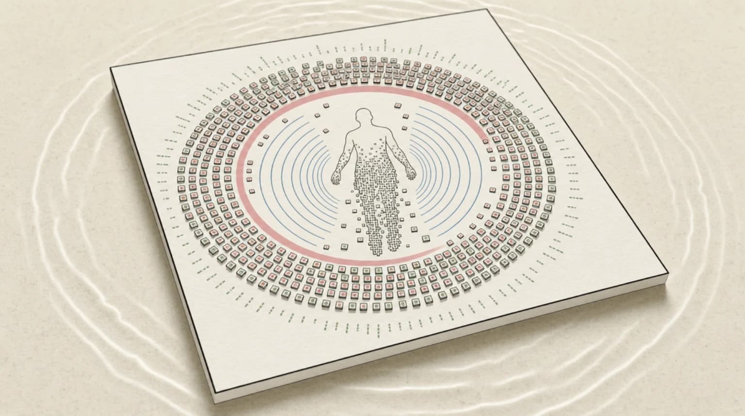 Overhead view of the scanner's ring of sand-grain ultrasonic sensors surrounding a suspended body form, rendered as an abstract cream-and-ink diagram