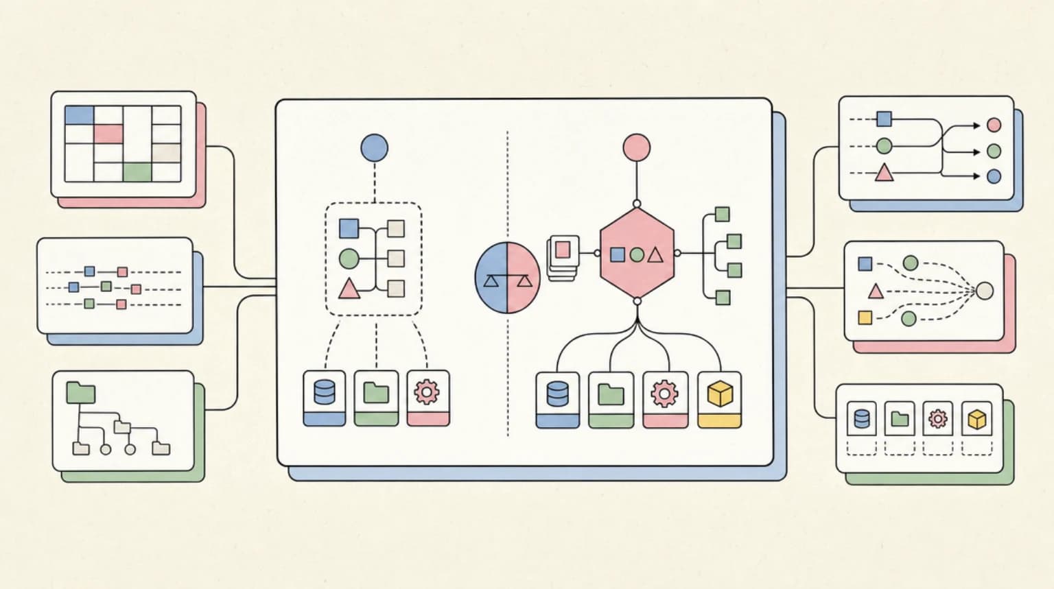 Abstract systems illustration for MCP vs Inline Tool Use