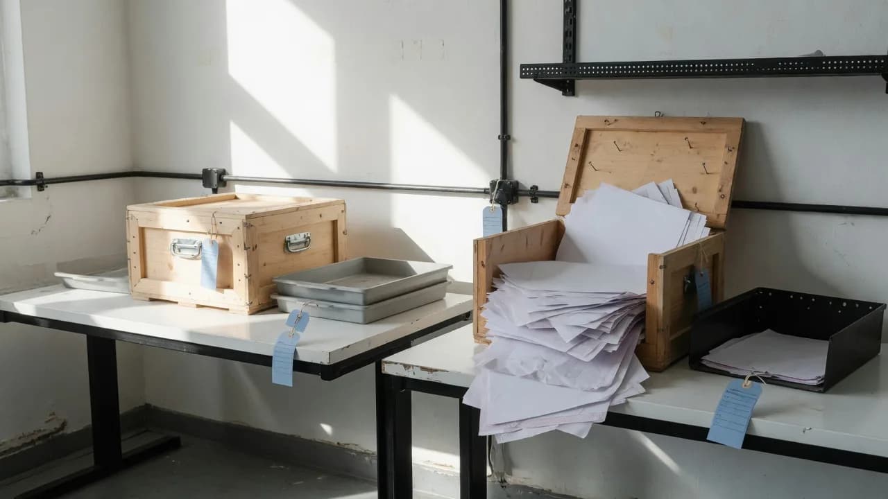 Two workstations side by side: a sealed unlabeled crate on empty trays at left, an open crate spilling blank paper into an inbox at right