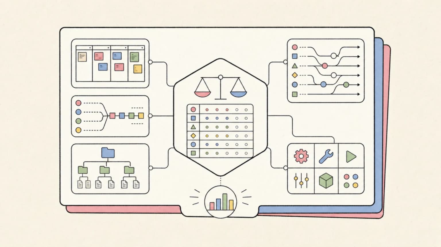 Abstract systems illustration for Teaser: Agent Eval Bench Plus
