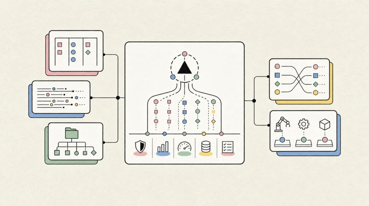 Abstract systems illustration for Production is built in, not bolted on