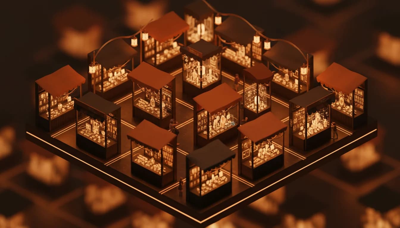 Abstract 3D render of marketplace stalls