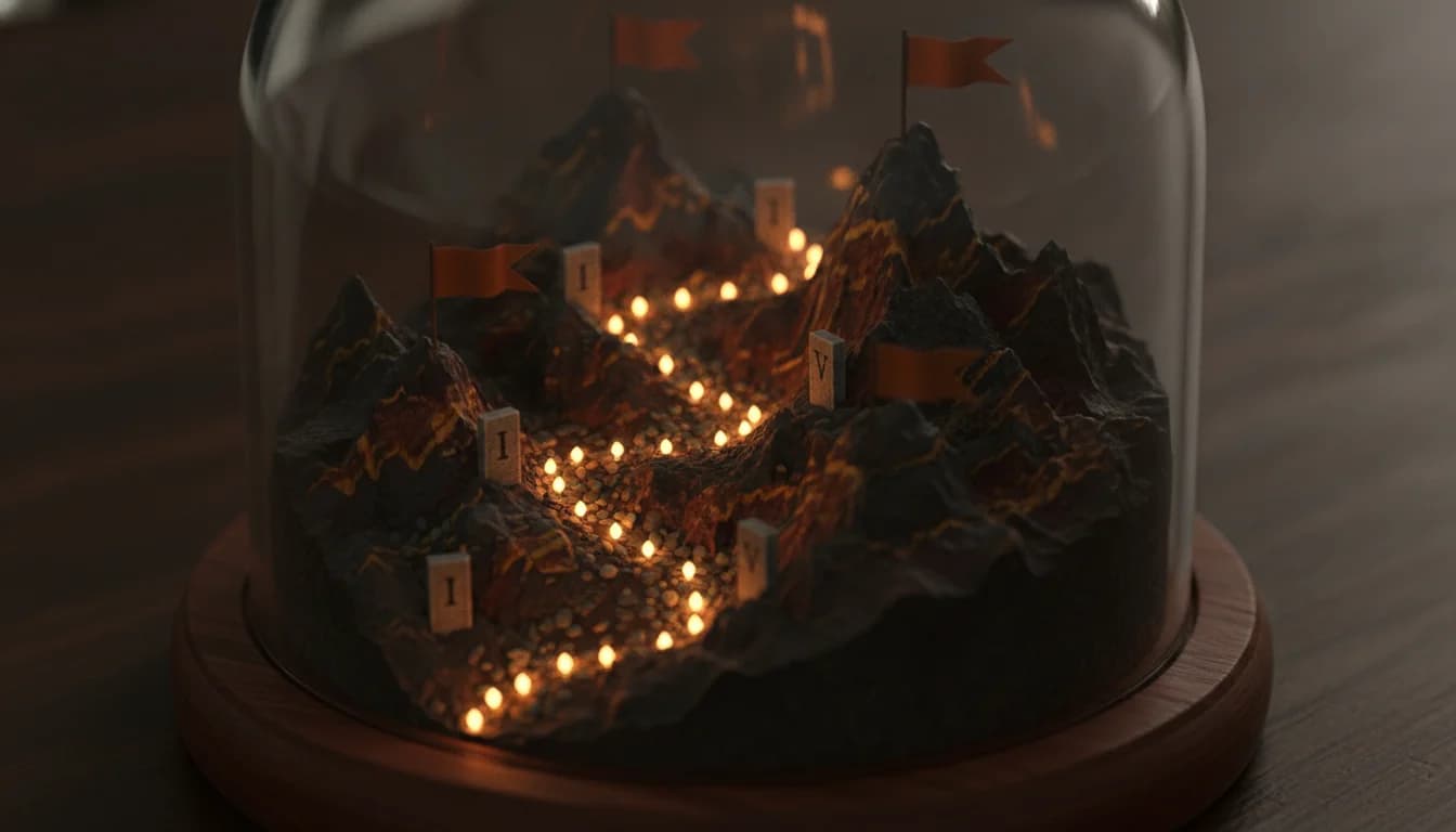 Abstract 3D render of a path marked with milestones