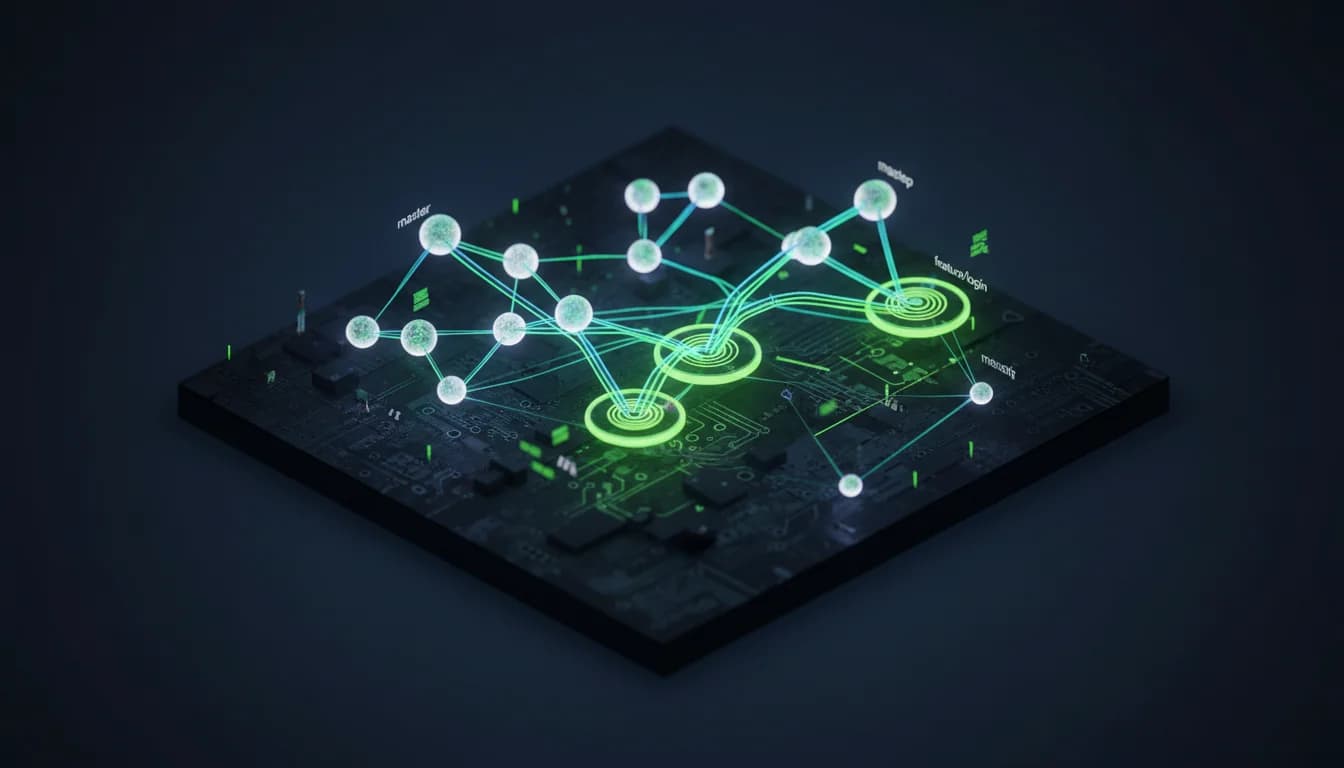 Abstract 3D render of a repository branch graph