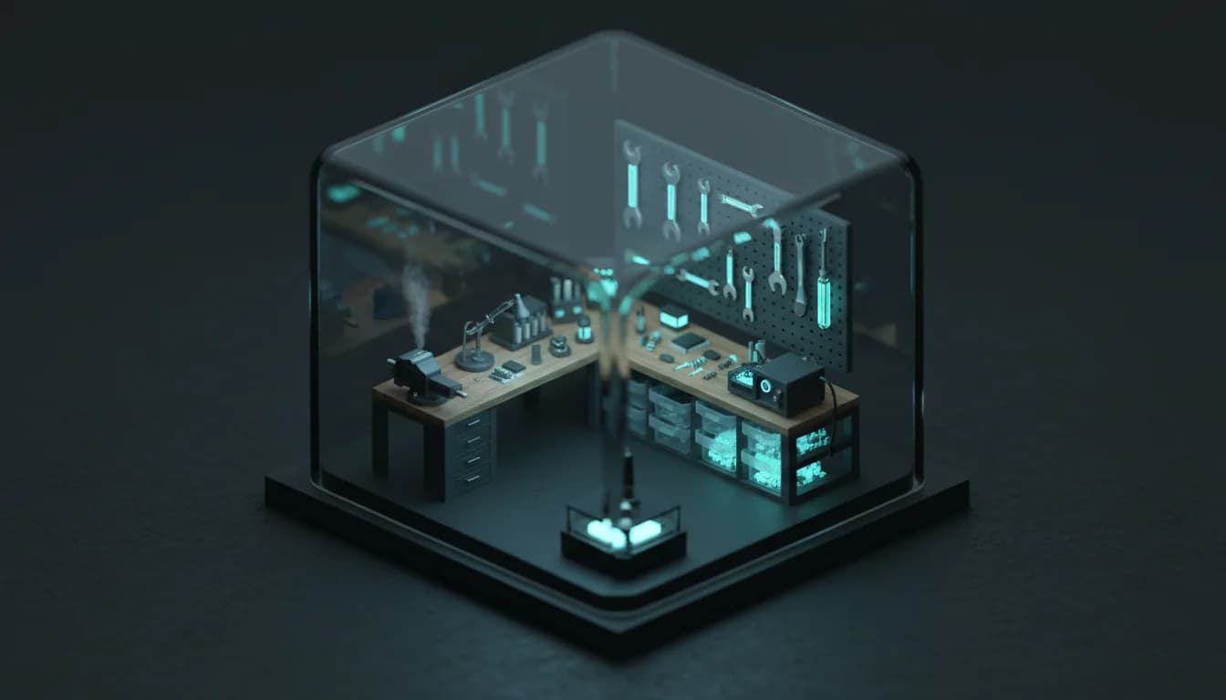 Abstract 3D render of a workbench of instruments