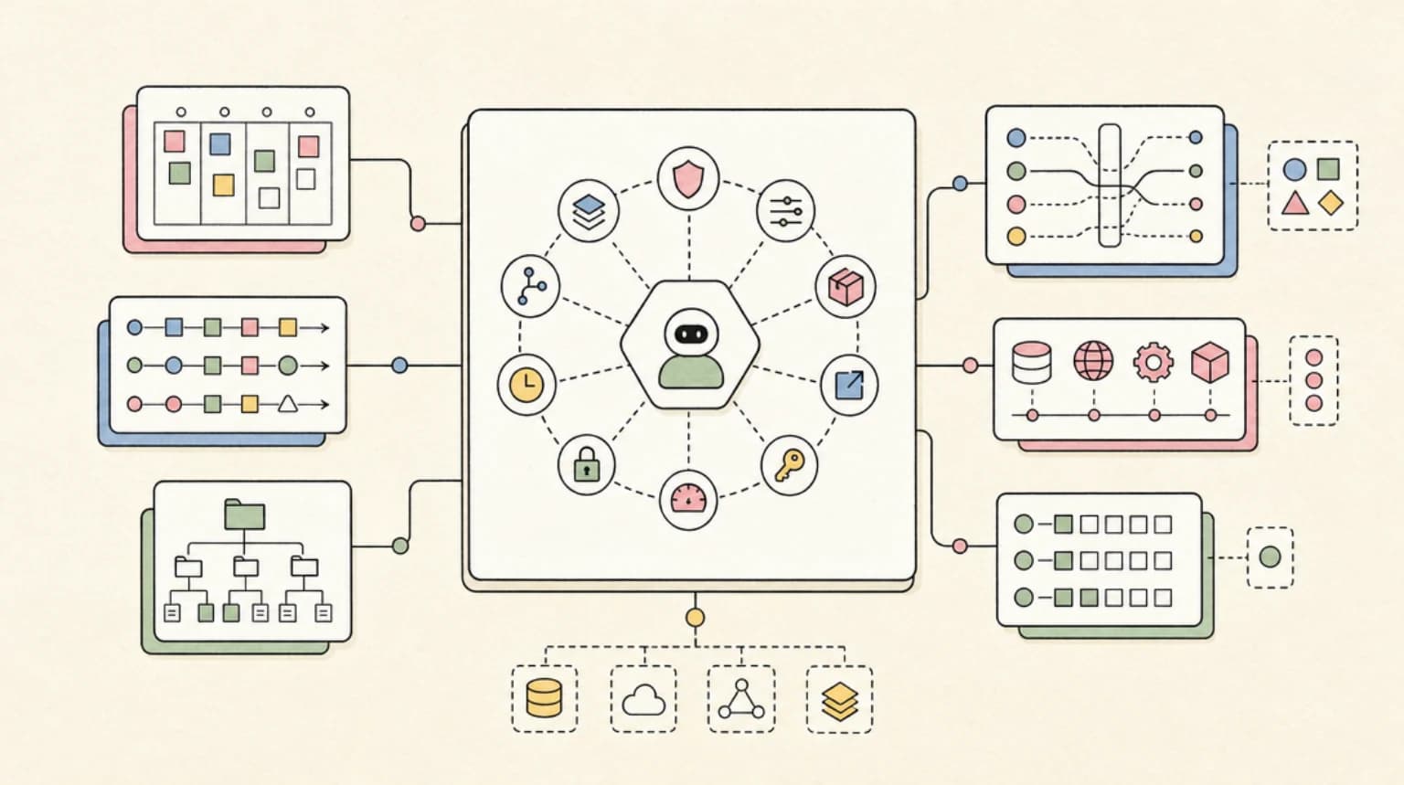 Abstract systems illustration for 12-factor agent production checklist